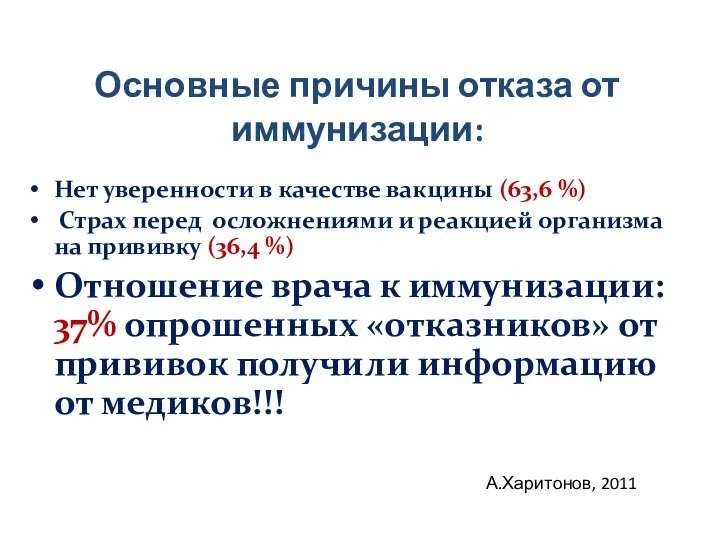 Основные причины отказа от иммунизации: Нет уверенности в качестве вакцины (63,6