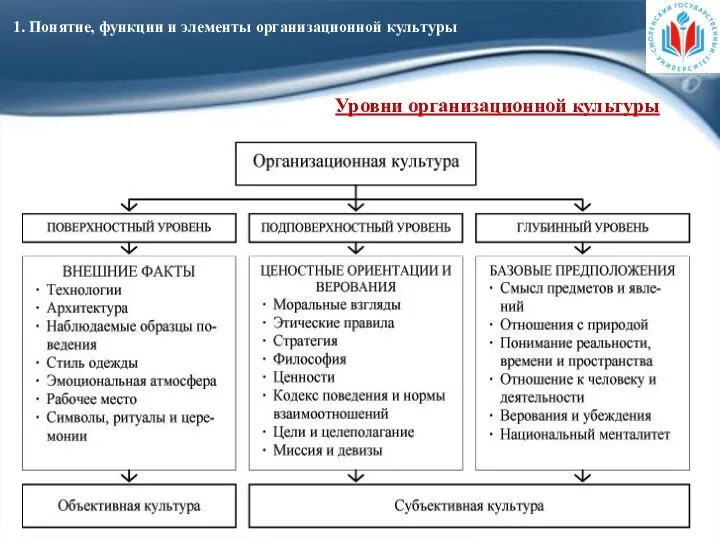 1. Понятие, функции и элементы организационной культуры Уровни организационной культуры