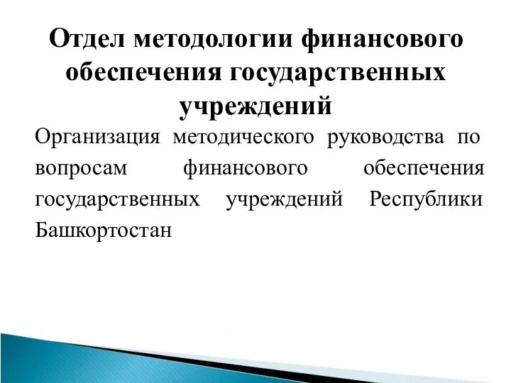 Отдел методологии финансового обеспечения государственных учреждений Организация методического руководства по вопросам