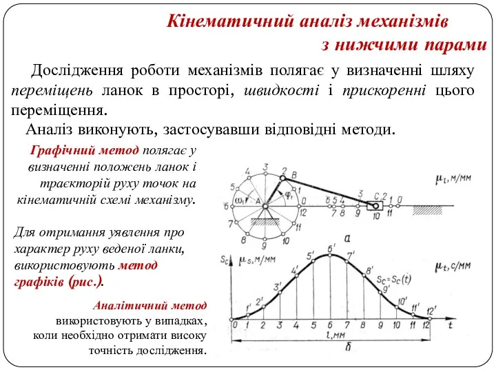 Кінематичний аналіз механізмів з нижчими парами Дослідження роботи механізмів полягає у