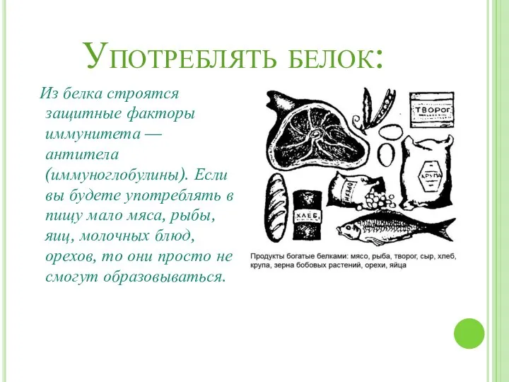 Употреблять белок: Из белка строятся защитные факторы иммунитета — антитела (иммуноглобулины).