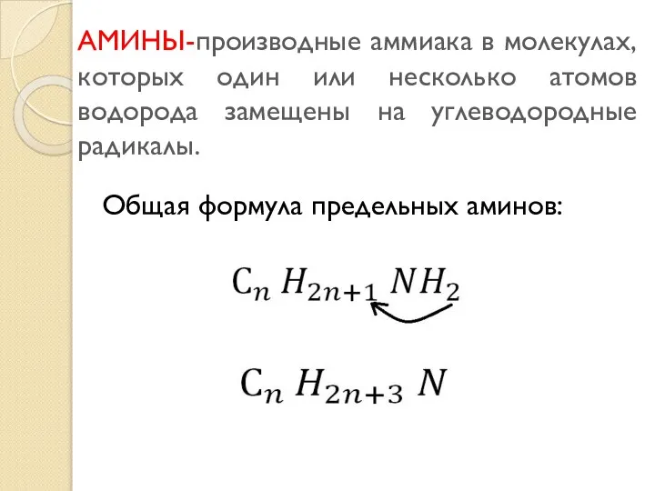 АМИНЫ-производные аммиака в молекулах, которых один или несколько атомов водорода замещены