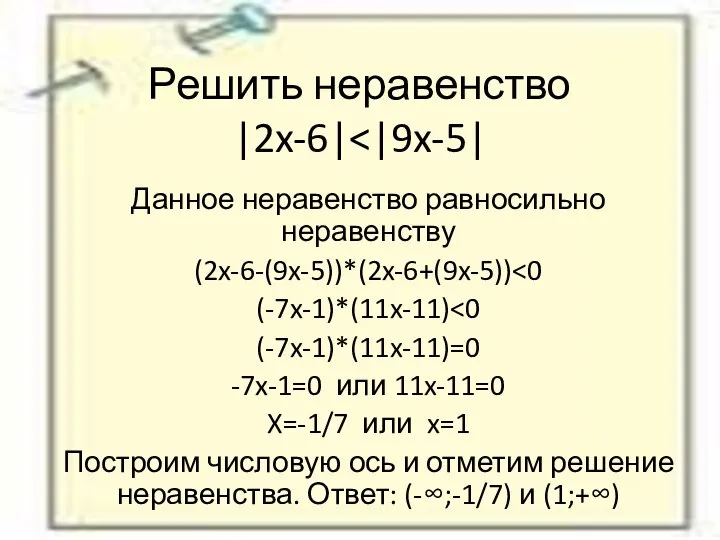 Решить неравенство |2x-6| Данное неравенство равносильно неравенству (2x-6-(9x-5))*(2x-6+(9x-5)) (-7x-1)*(11x-11) (-7x-1)*(11x-11)=0 -7x-1=0