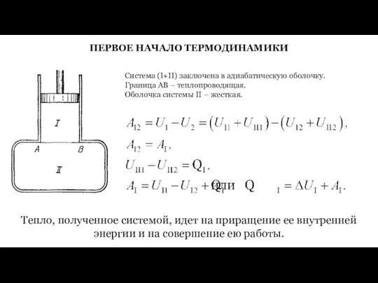 ПЕРВОЕ НАЧАЛО ТЕРМОДИНАМИКИ Система (I+II) заключена в адиабатическую оболочку. Граница АВ