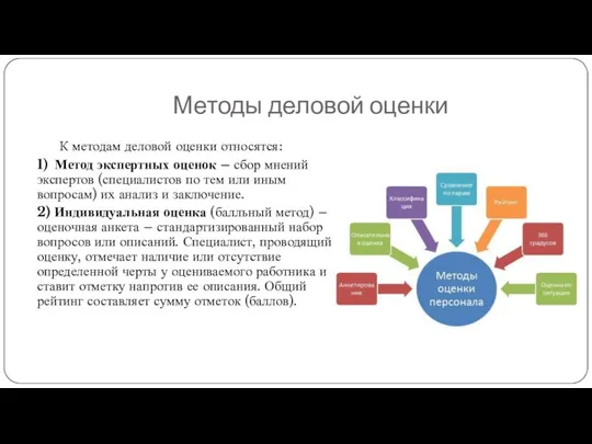 Методы деловой оценки К методам деловой оценки относятся: 1) Метод экспертных