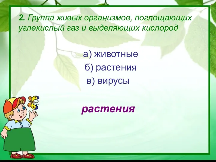 2. Группа живых организмов, поглощающих углекислый газ и выделяющих кислород а)