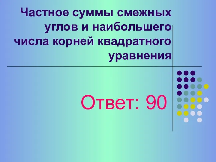 Частное суммы смежных углов и наибольшего числа корней квадратного уравнения Ответ: 90