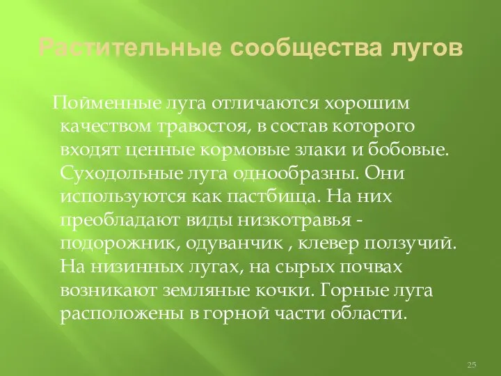 Растительные сообщества лугов Пойменные луга отличаются хорошим качеством травостоя, в состав