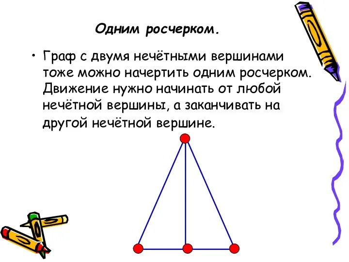 Одним росчерком. Граф с двумя нечётными вершинами тоже можно начертить одним