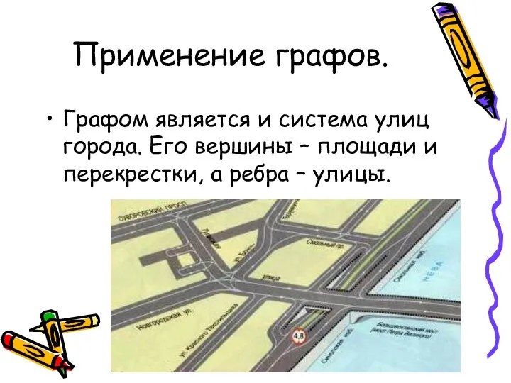 Применение графов. Графом является и система улиц города. Его вершины –