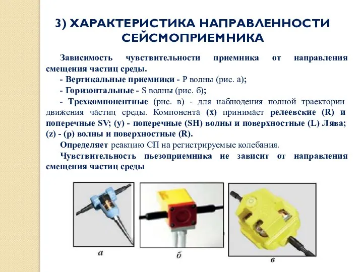 3) ХАРАКТЕРИСТИКА НАПРАВЛЕННОСТИ СЕЙСМОПРИЕМНИКА Зависимость чувствительности приемника от направления смещения частиц