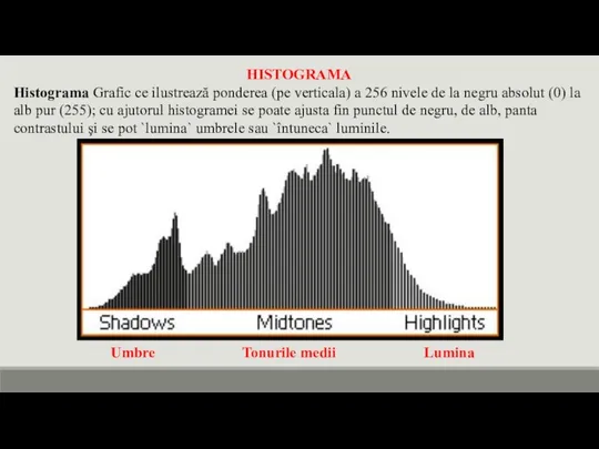 HISTOGRAMA Histograma Grafic ce ilustrează ponderea (pe verticala) a 256 nivele