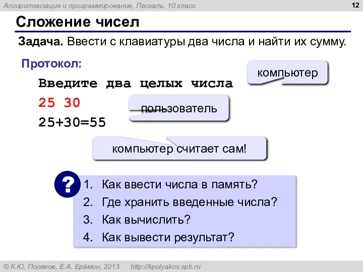 Сложение чисел Задача. Ввести с клавиатуры два числа и найти их