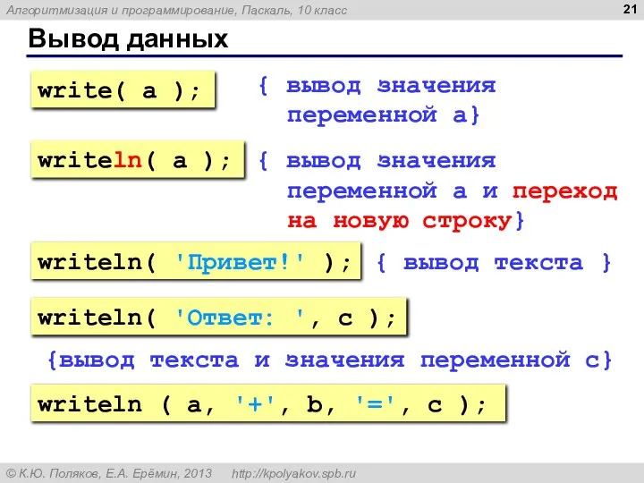 Вывод данных { вывод значения переменной a} { вывод значения переменной