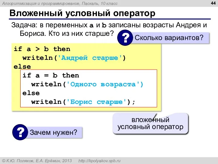 Вложенный условный оператор if a > b then writeln('Андрей старше') else