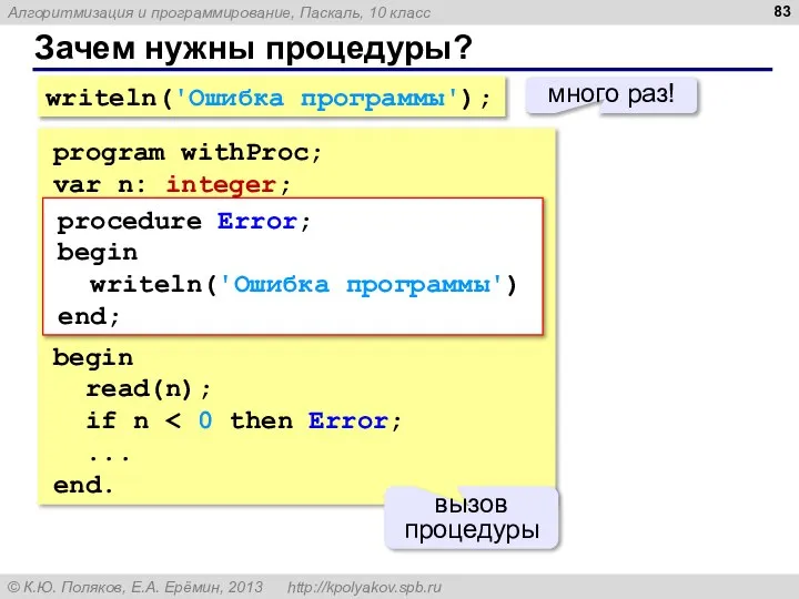 Зачем нужны процедуры? writeln('Ошибка программы'); много раз! program withProc; var n: