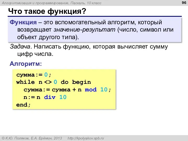 Что такое функция? Функция – это вспомогательный алгоритм, который возвращает значение-результат