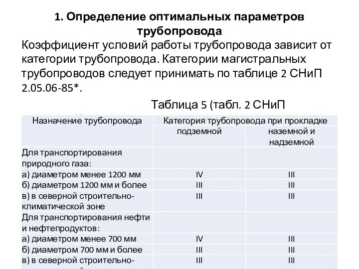 1. Определение оптимальных параметров трубопровода Коэффициент условий работы трубопровода зависит от