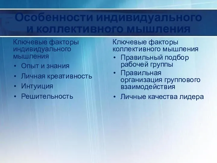 Особенности индивидуального и коллективного мышления Ключевые факторы индивидуального мышления Опыт и