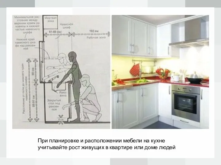 При планировке и расположении мебели на кухне учитывайте рост живущих в квартире или доме людей