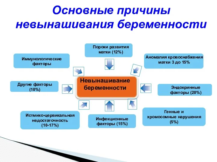 Невынашивание беременности Иммунологические факторы Пороки развития матки (12%) Другие факторы (10%)