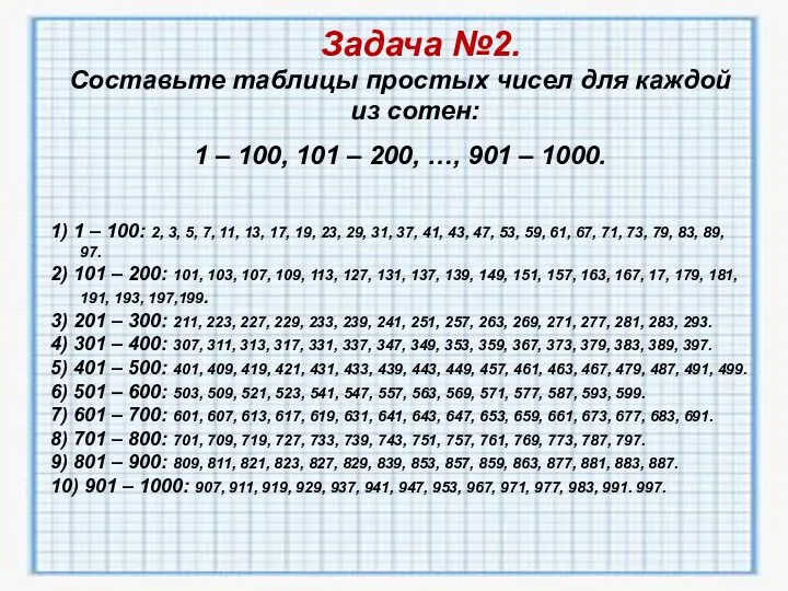 Задача №2. Составьте таблицы простых чисел для каждой из сотен: 1