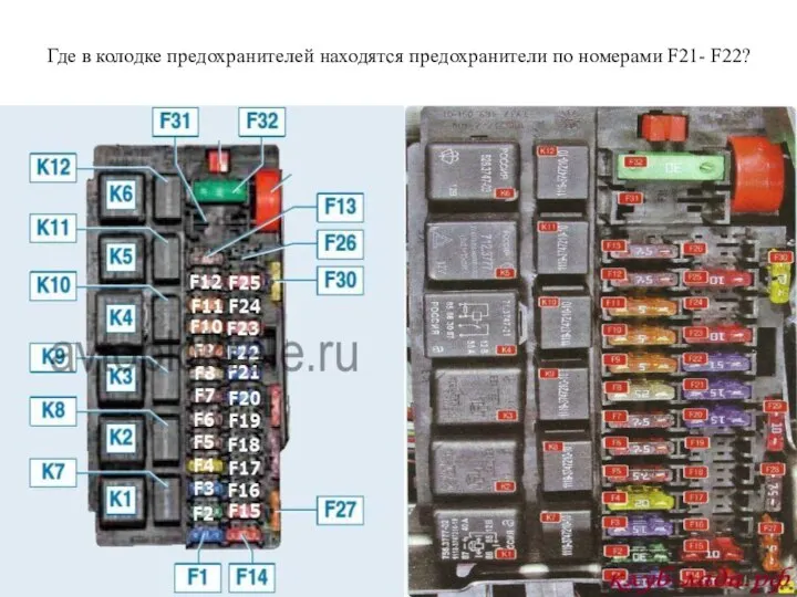 Где в колодке предохранителей находятся предохранители по номерами F21- F22?