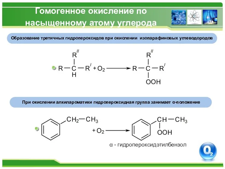 Гомогенное окисление по насыщенному атому углерода Образование третичных гидропероксидов при окислении