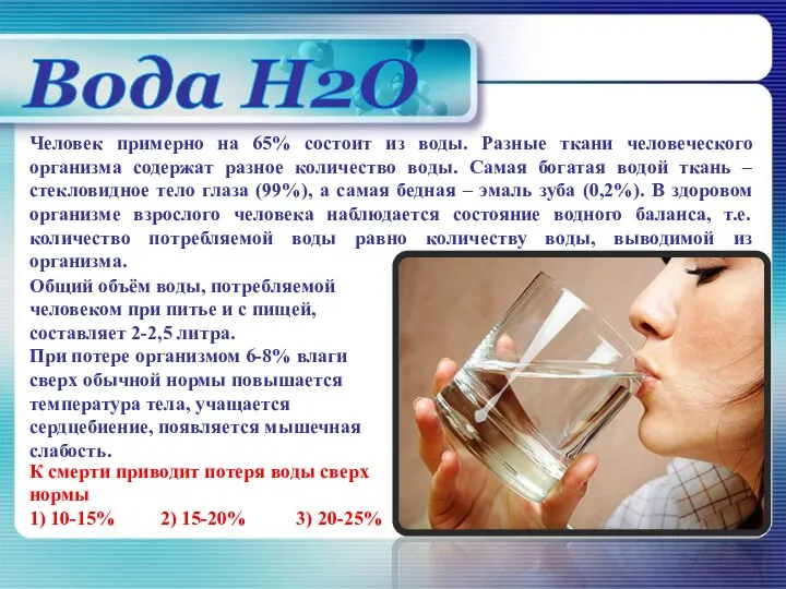 Вода H2O Человек примерно на 65% состоит из воды. Разные ткани