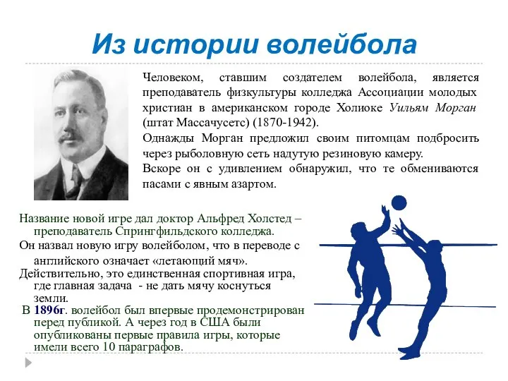 Из истории волейбола Название новой игре дал доктор Альфред Холстед –