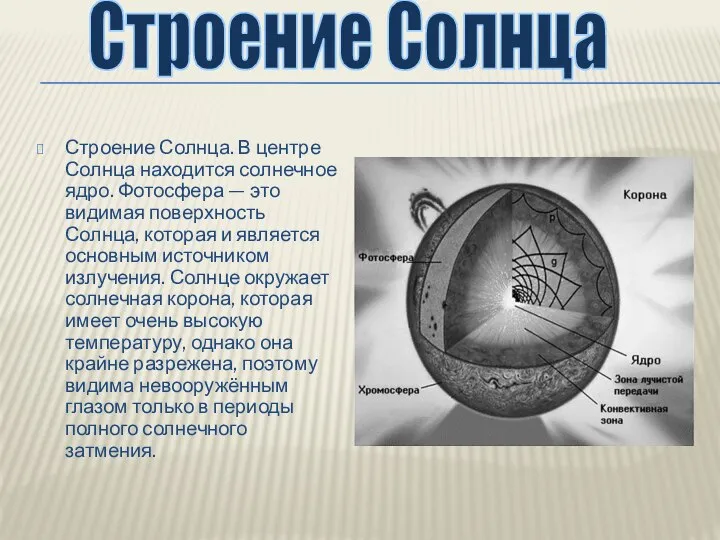 Строение Солнца. В центре Солнца находится солнечное ядро. Фотосфера — это