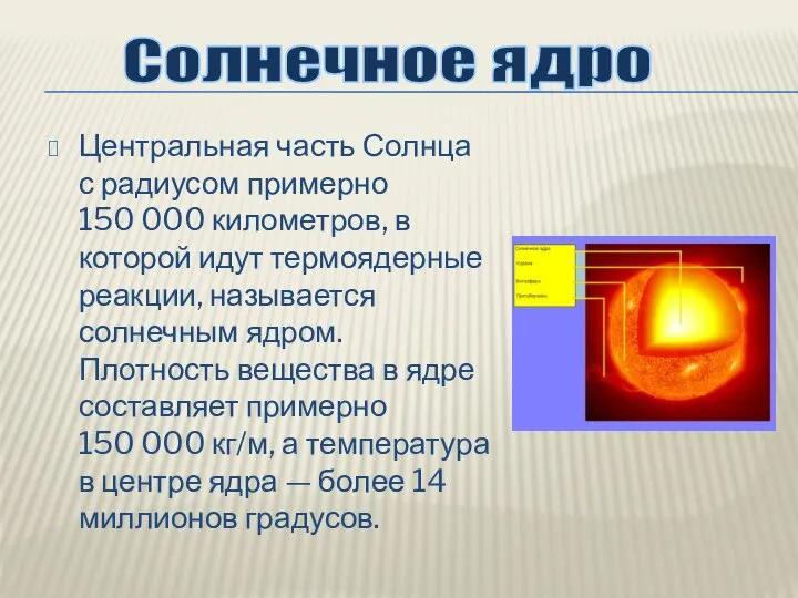 Центральная часть Солнца с радиусом примерно 150 000 километров, в которой