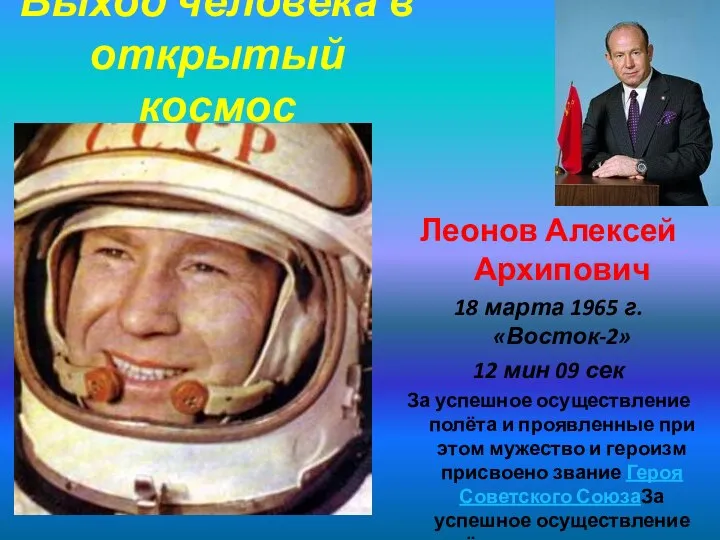 Выход человека в открытый космос Леонов Алексей Архипович 18 марта 1965