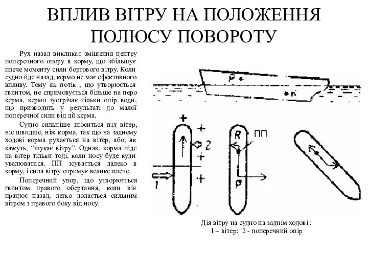 Рух назад викликає зміщення центру поперечного опору в корму, що збільшує