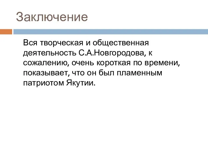 Заключение Вся творческая и общественная деятельность С.А.Новгородова, к сожалению, очень короткая