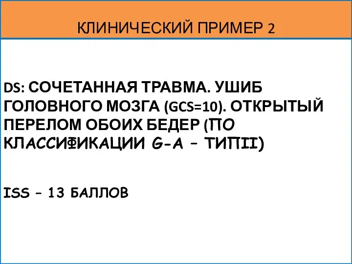 DS: СОЧЕТАННАЯ ТРАВМА. УШИБ ГОЛОВНОГО МОЗГА (GCS=10). ОТКРЫТЫЙ ПЕРЕЛОМ ОБОИХ БЕДЕР