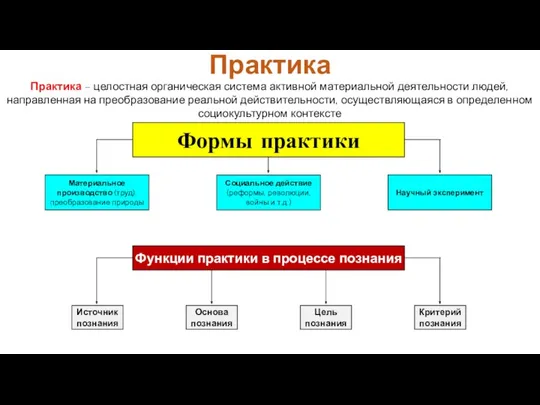 Цель познания Практика – целостная органическая система активной материальной деятельности людей,