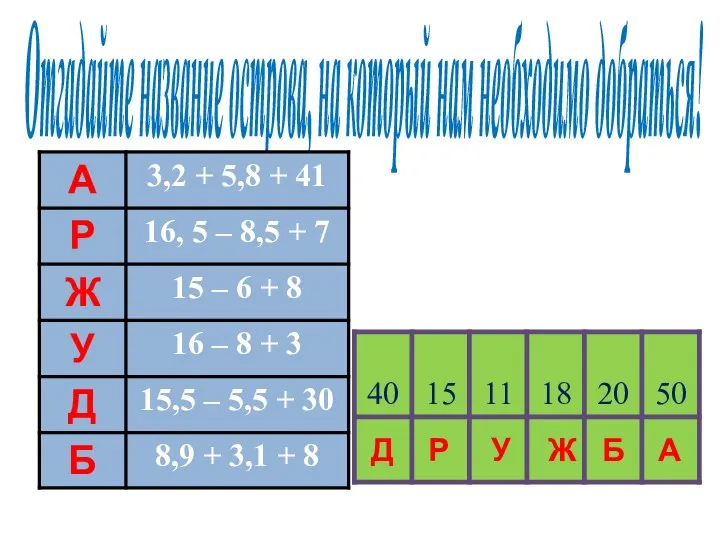 Отгадайте название острова, на который нам необходимо добраться! Д Б Ж У Р А