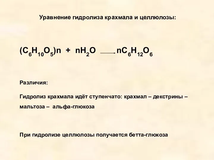 Уравнение гидролиза крахмала и целлюлозы: (С6Н10О5)n + nН2О nС6Н12О6 Различия: Гидролиз