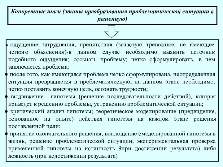 Конкретные шаги (этапы преобразования проблематической ситуации в решенную) ощущение затруднения, препятствия