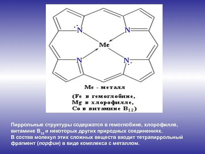 Пиррольные структуры содержатся в гемоглобине, хлорофилле, витамине В12 и некоторых других