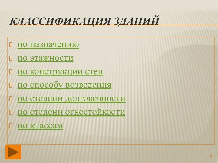 КЛАССИФИКАЦИЯ ЗДАНИЙ по назначению по этажности по конструкции стен по способу