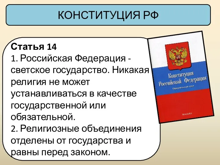 КОНСТИТУЦИЯ РФ Статья 14 1. Российская Федерация - светское государство. Никакая