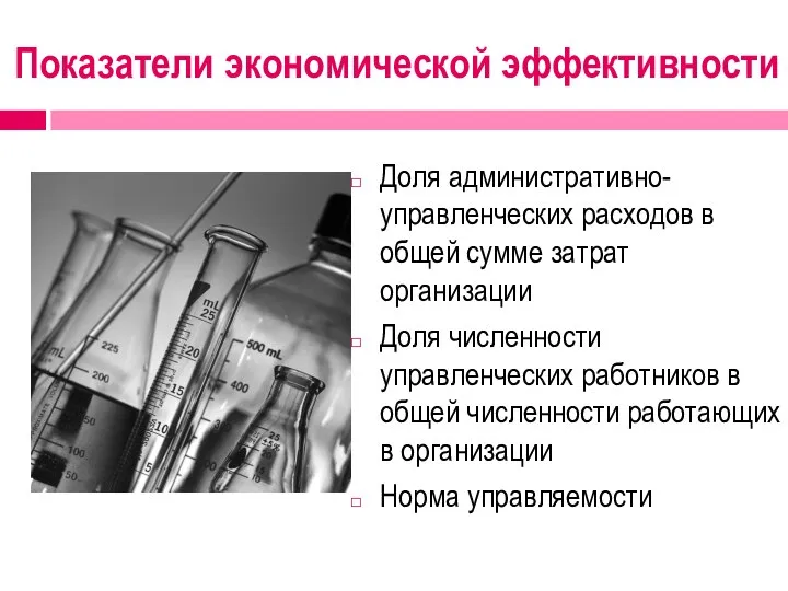 Показатели экономической эффективности Доля административно-управленческих расходов в общей сумме затрат организации