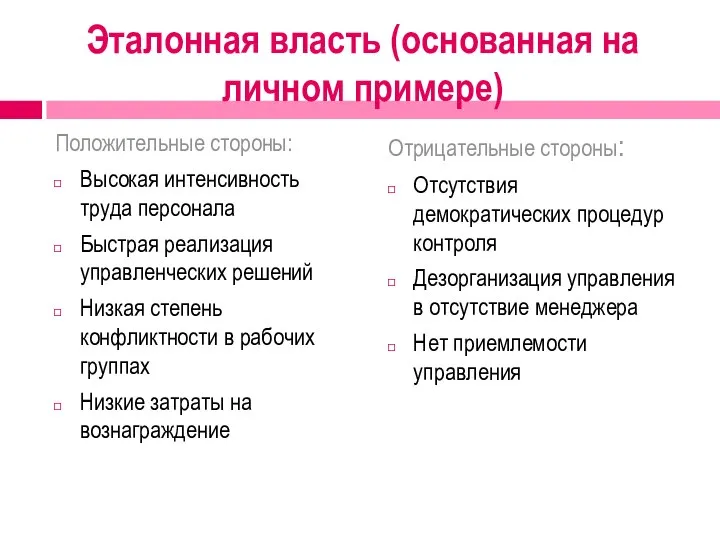 Эталонная власть (основанная на личном примере) Положительные стороны: Высокая интенсивность труда