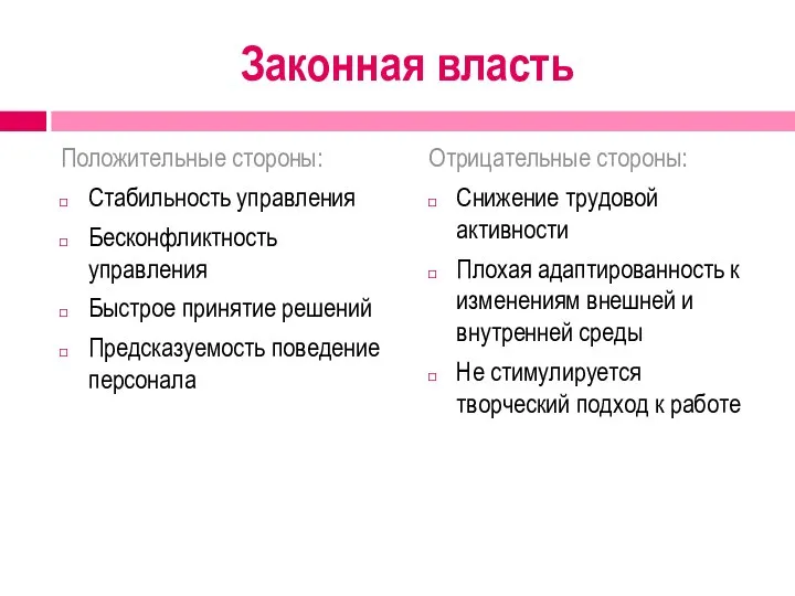 Законная власть Положительные стороны: Стабильность управления Бесконфликтность управления Быстрое принятие решений