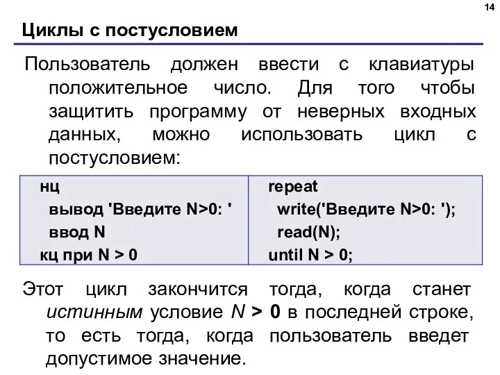 Циклы с постусловием Пользователь должен ввести с клавиатуры положительное число. Для