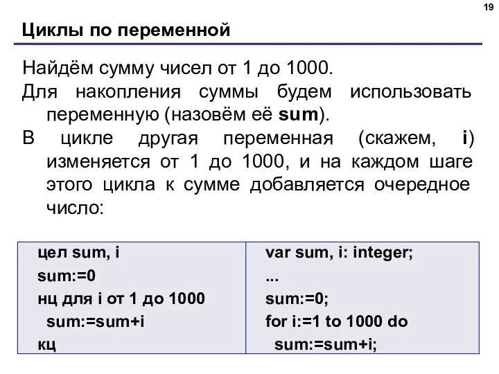 Циклы по переменной Найдём сумму чисел от 1 до 1000. Для