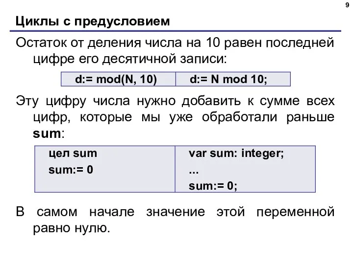 Циклы с предусловием Остаток от деления числа на 10 равен последней