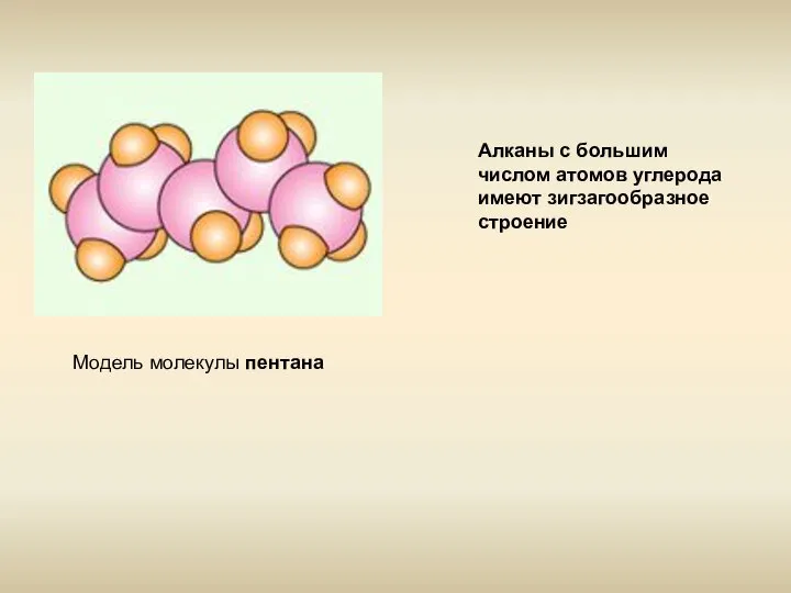Модель молекулы пентана Алканы с большим числом атомов углерода имеют зигзагообразное строение